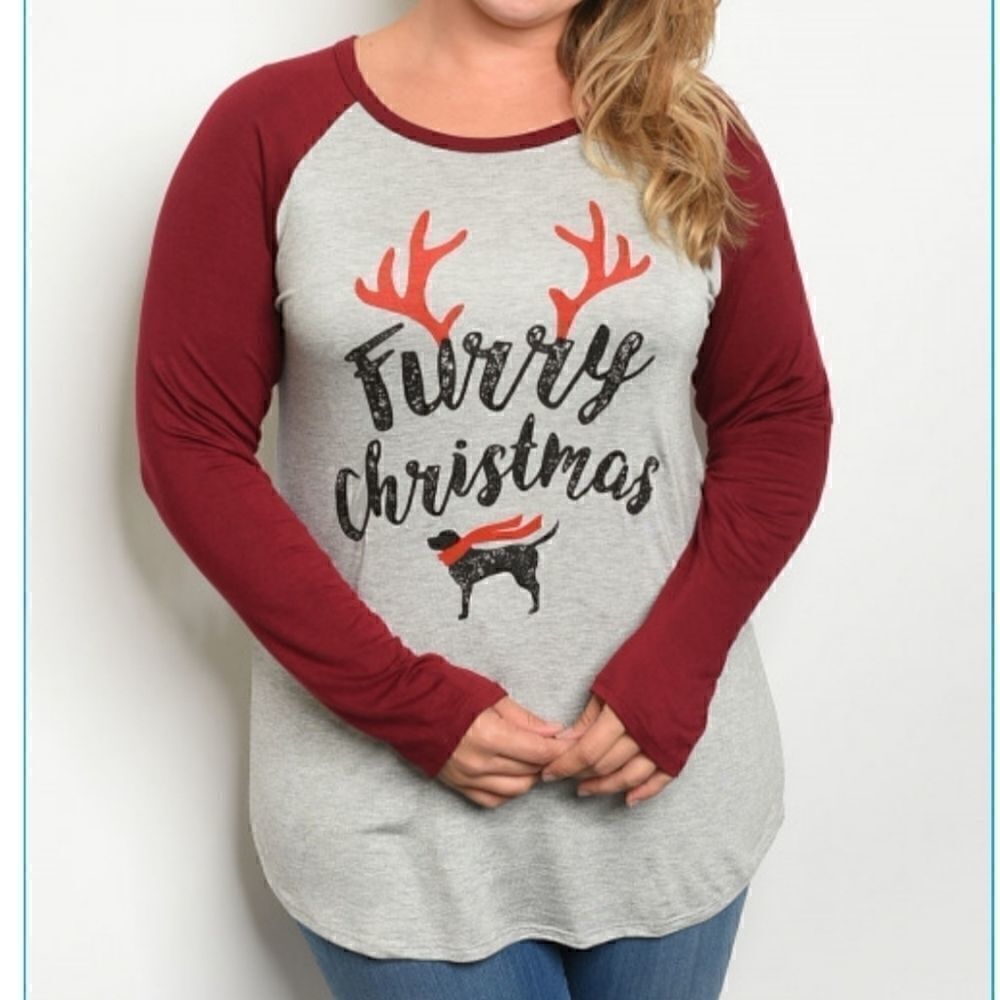 Christmas Furry Christmas Raglan Sleeve Plus Size Tshirt - Picture 2 of 3